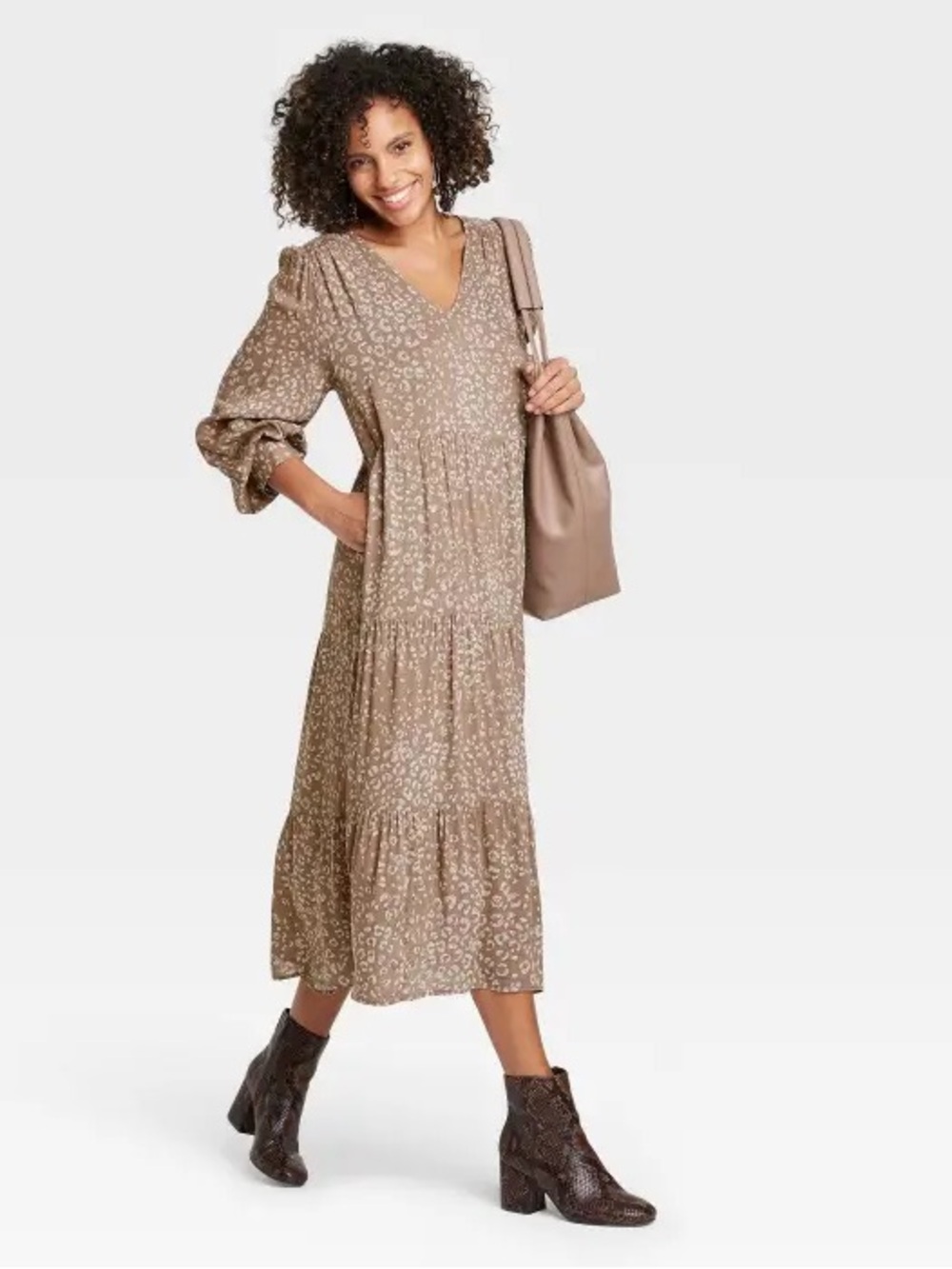a new day Taupe Floral Tiered V‑Neck Midi Dress